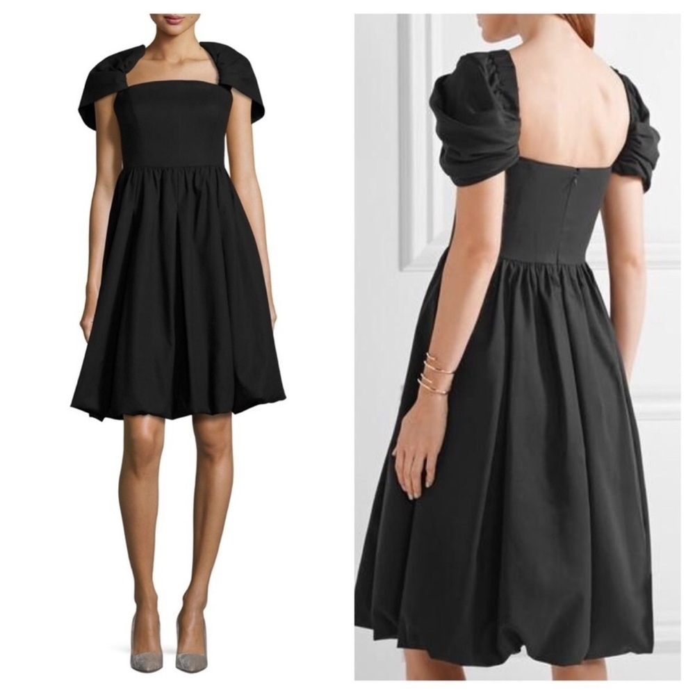 CO Black Draped Shoulders Puff Sleeve Bubble Hem Midi Dress Small LBD Minimalist